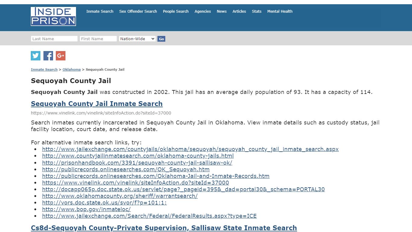 Sequoyah County Jail - Oklahoma - Inmate Search